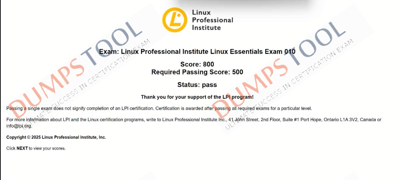 Verified passing score report for the LPI 010-160 exam 1