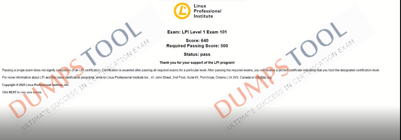 Verified passing score report for the LPI 101-400 exam 1