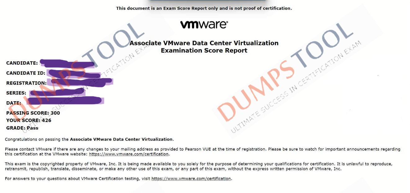 Verified passing score report for the VMware 1V0-21.20 exam 1