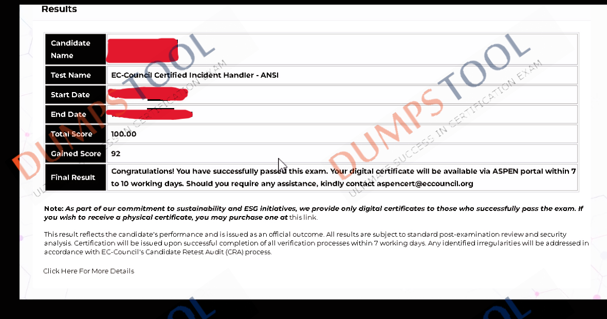 Verified passing score report for the ECCouncil 212-89 exam 1
