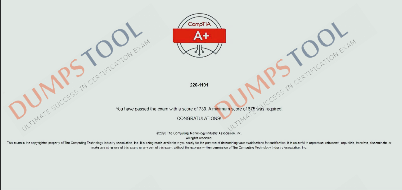 Verified passing score report for the CompTIA 220-1101 exam 1
