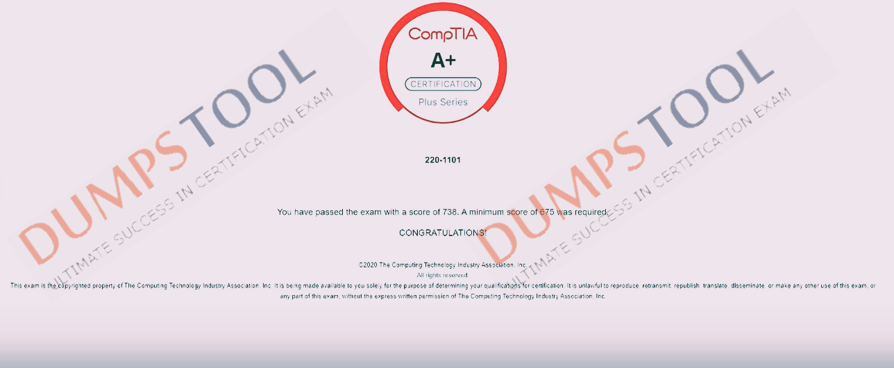 Verified passing score report for the CompTIA 220-1101 exam 2