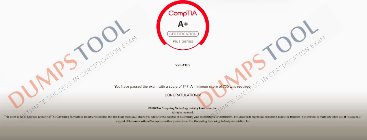 Verified passing score report for the CompTIA 220-1102 exam 1