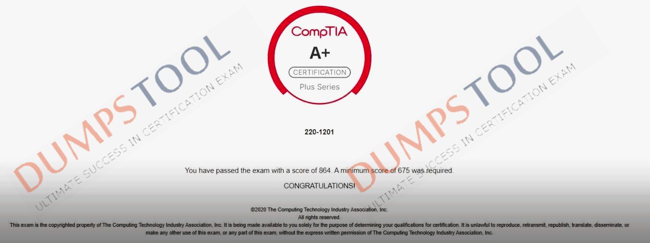 Verified passing score report for the CompTIA 220-1201 exam 1