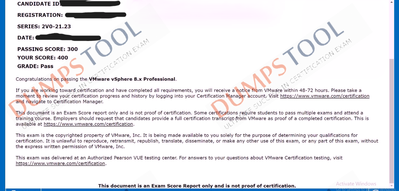 Verified passing score report for the VMware 2V0-21.23 exam 3