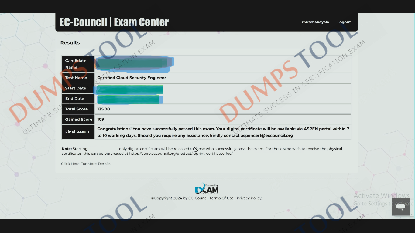 Verified passing score report for the ECCouncil 312-40 exam 1