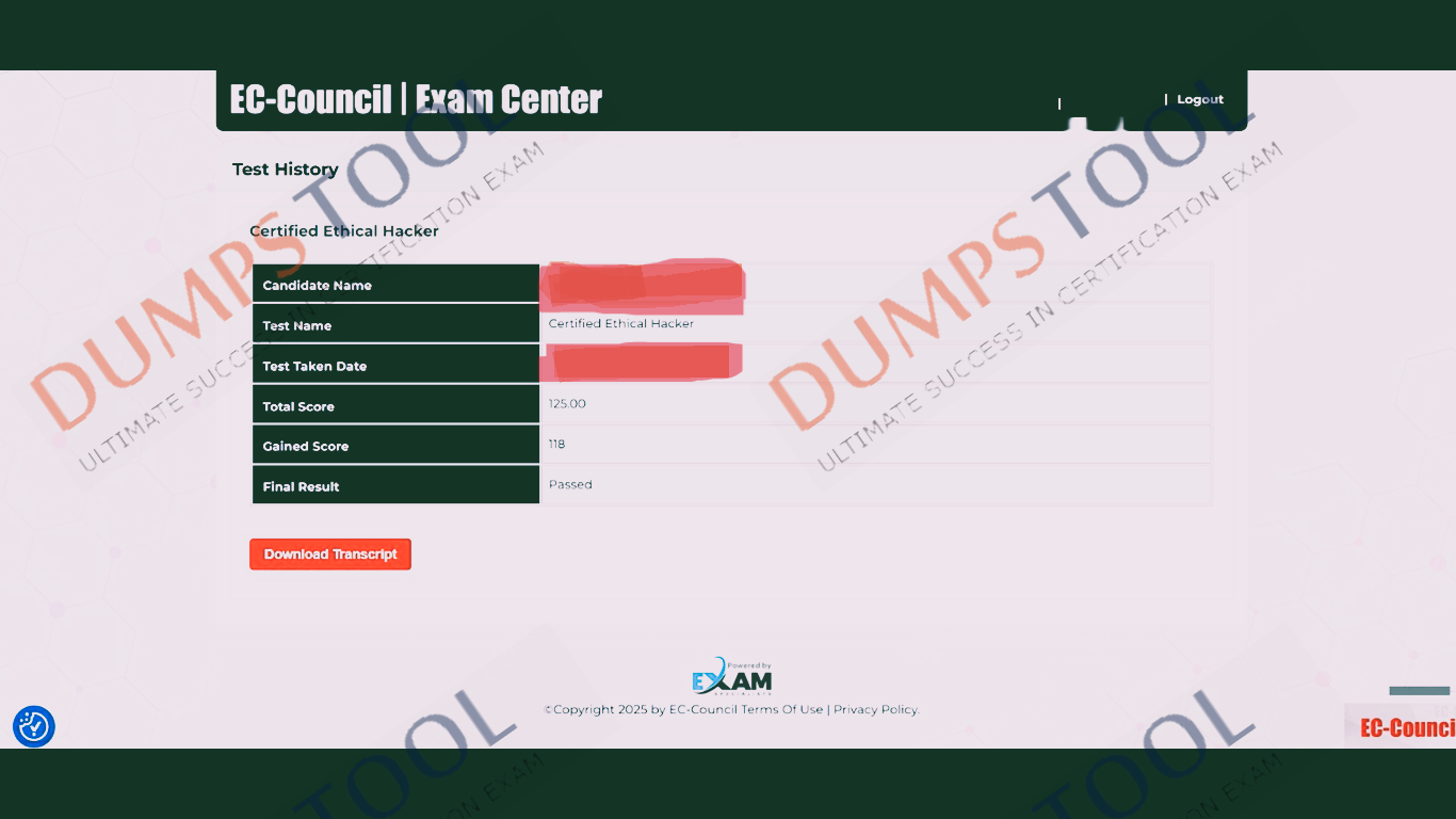 Verified passing score report for the ECCouncil 312-50v11 exam 1