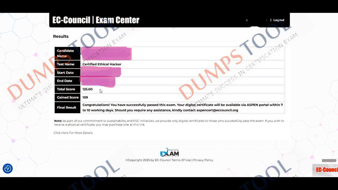 Verified passing score report for the ECCouncil 312-50v12 exam 1