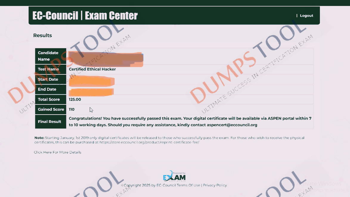Verified passing score report for the ECCouncil 312-50v13 exam 1