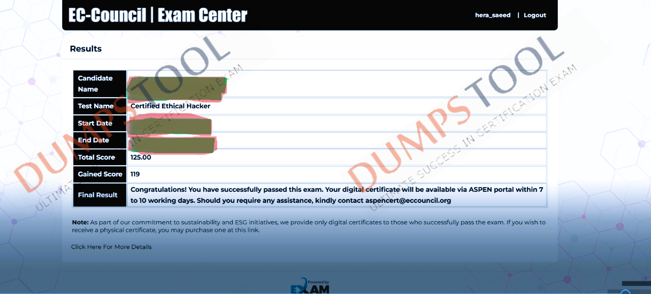 Verified passing score report for the ECCouncil 312-50v13 exam 2