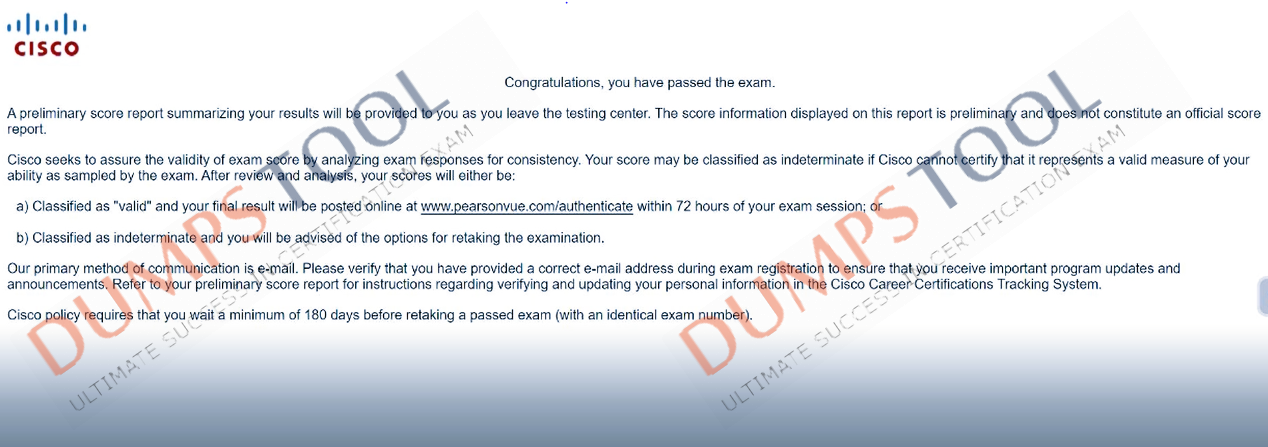 Verified passing score report for the Cisco 350-401 exam 1