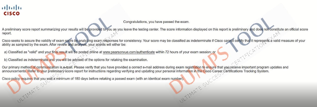 Verified passing score report for the Cisco 350-401 exam 2
