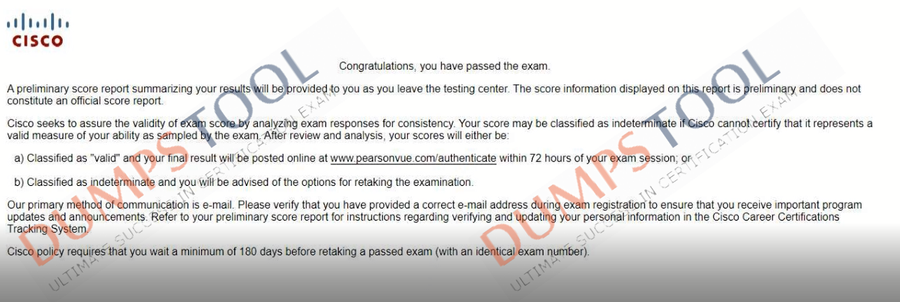 Verified passing score report for the Cisco 350-401 exam 4