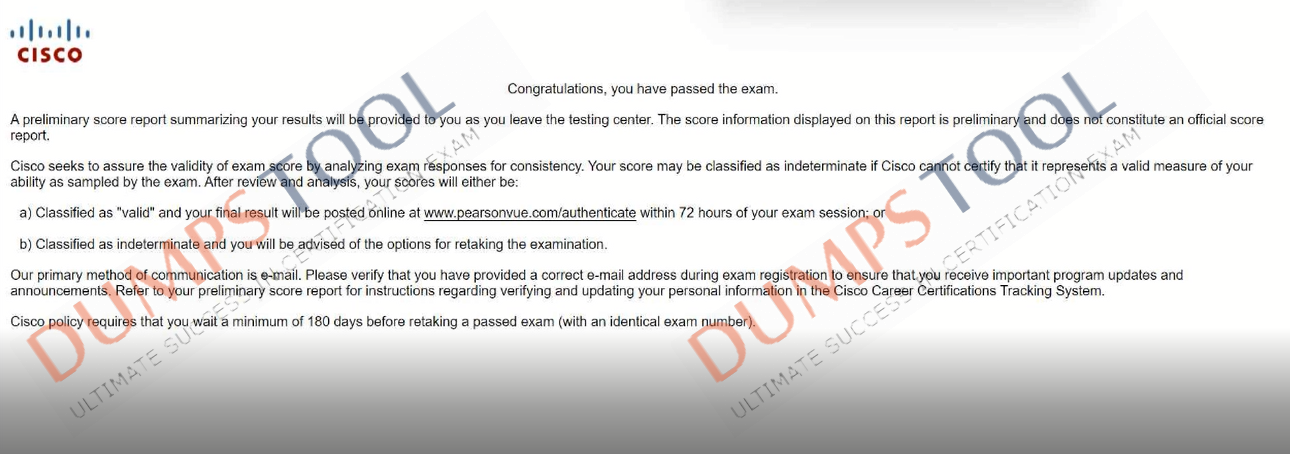 Verified passing score report for the Cisco 350-401 exam 3