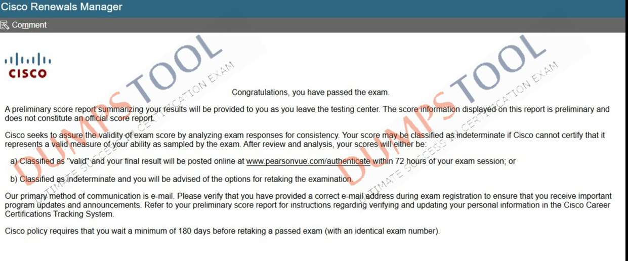Verified passing score report for the Cisco 700-805 exam 1