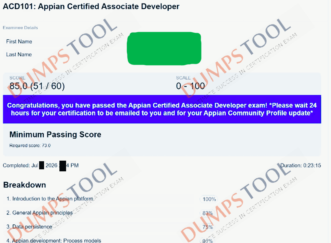 Verified passing score report for the Appian ACD101 exam 1
