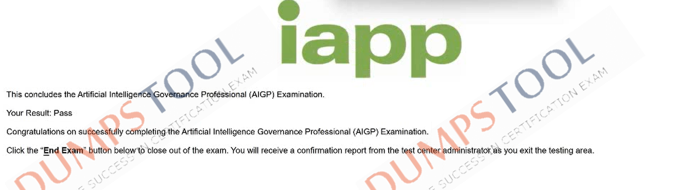 Verified passing score report for the IAPP AIGP exam 1