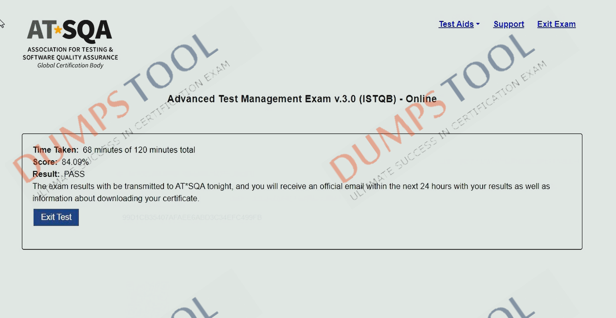 Verified passing score report for the ISTQB ATM exam 1