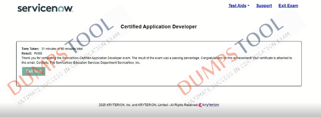 Verified passing score report for the ServiceNow CAD exam 1