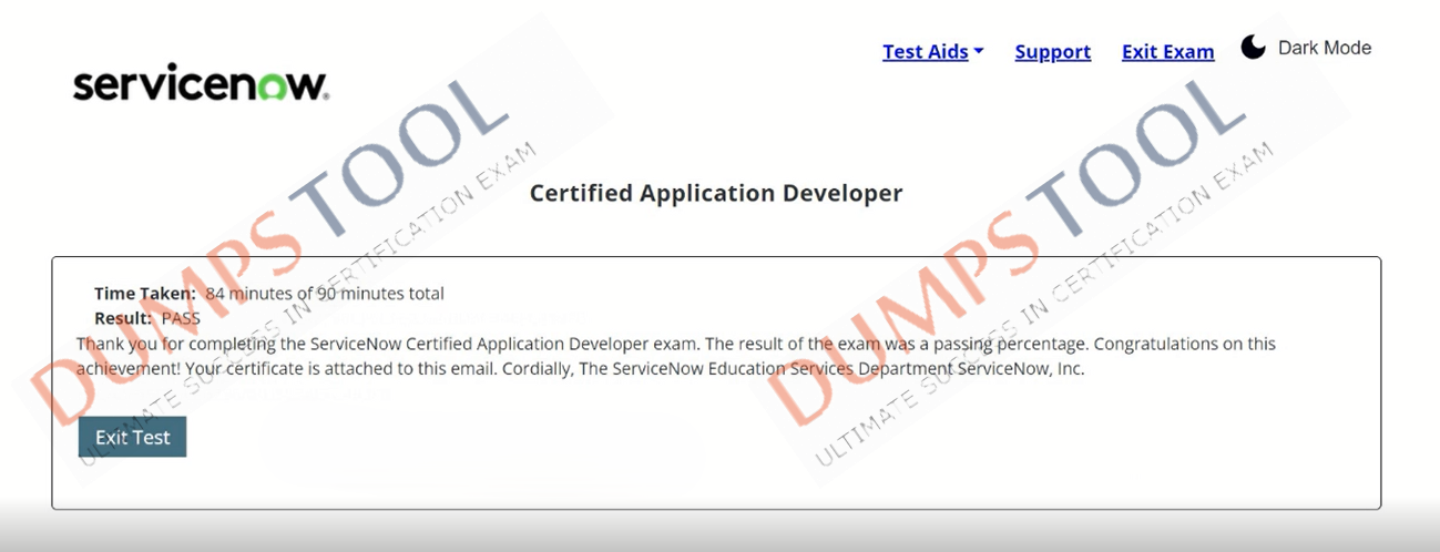 Verified passing score report for the ServiceNow CAD exam 2