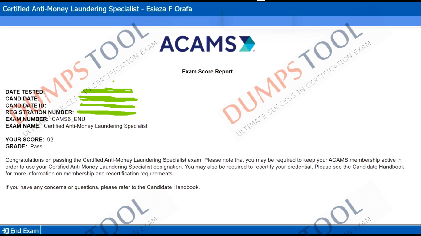 Verified passing score report for the ACAMS CAMS exam 1