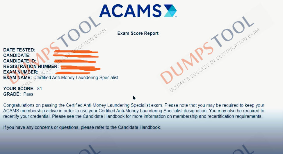 Verified passing score report for the ACAMS CAMS exam 2