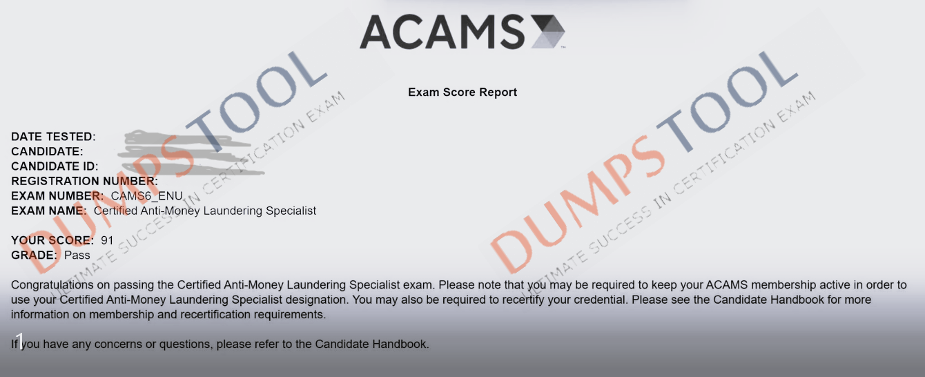 Verified passing score report for the ACAMS CAMS exam 3
