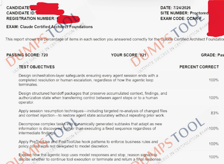 Verified passing score report for the Anthropic CCAR-F exam 1