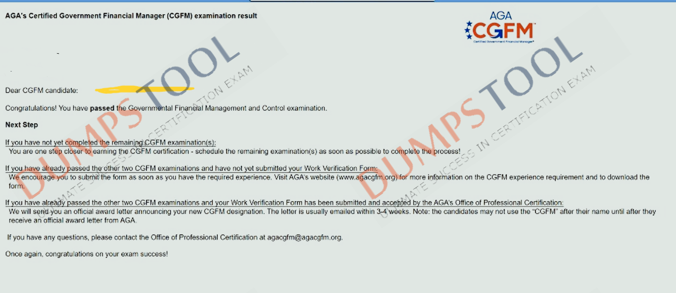 Verified passing score report for the AGA CGFM exam 1