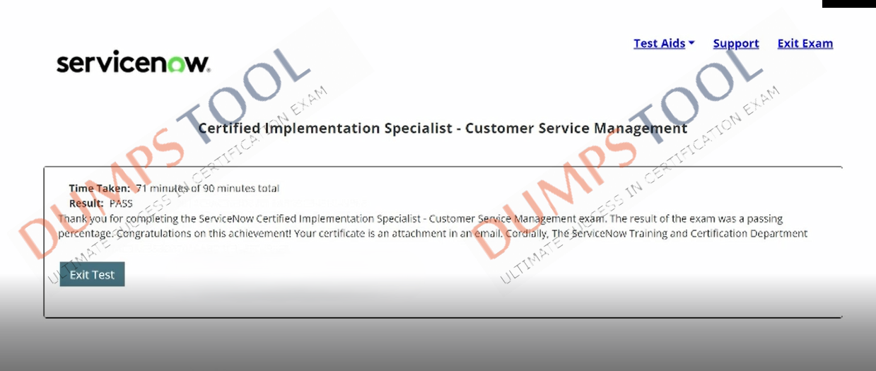 Verified passing score report for the ServiceNow CIS-CSM exam 1