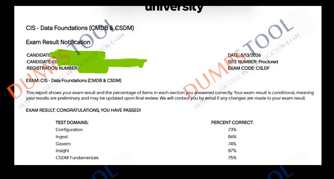 Verified passing score report for the ServiceNow CIS-DF exam 1