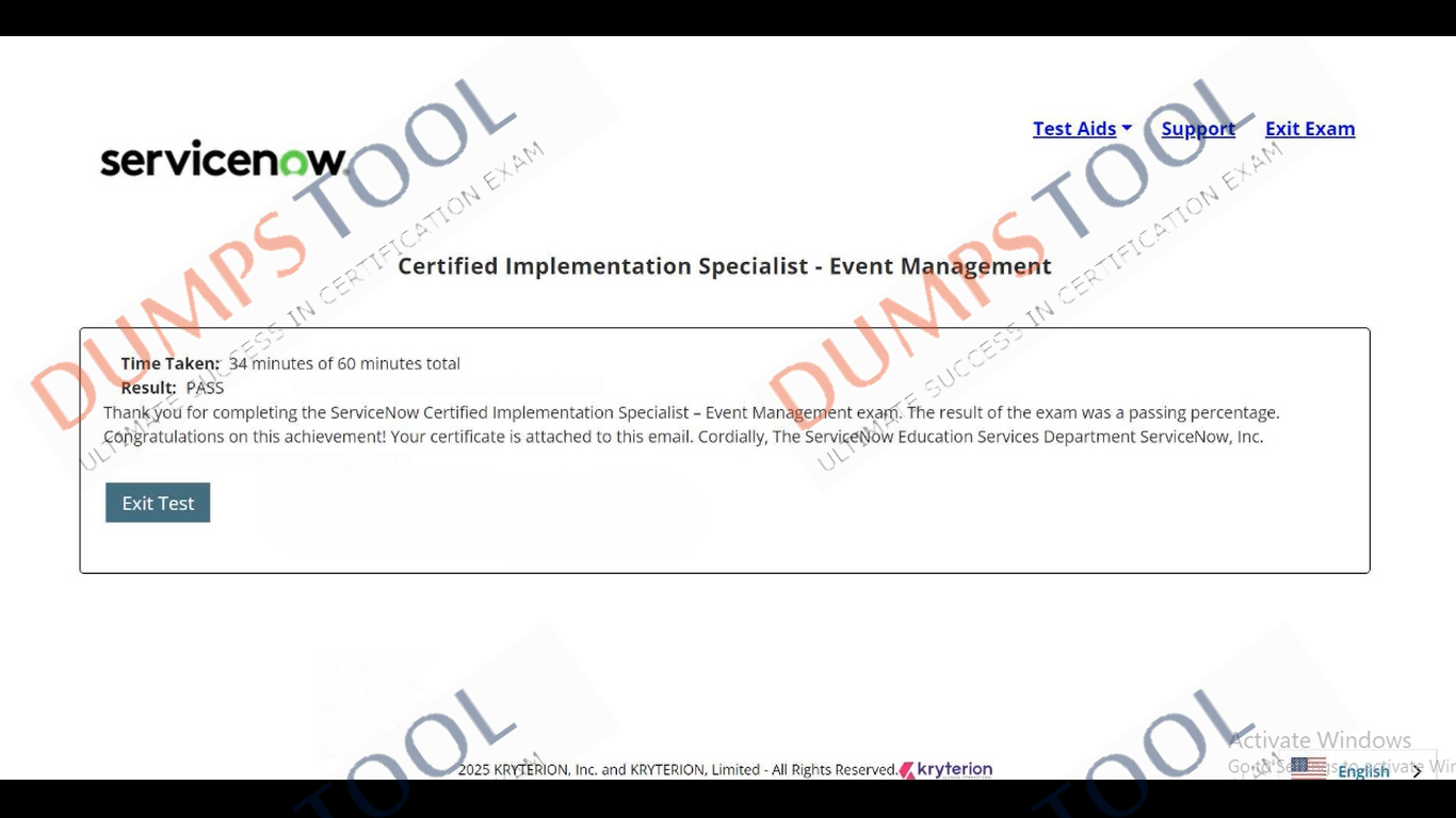 Verified passing score report for the ServiceNow CIS-EM exam 2