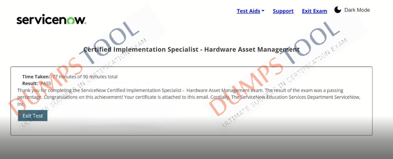 Verified passing score report for the ServiceNow CIS-HAM exam 1