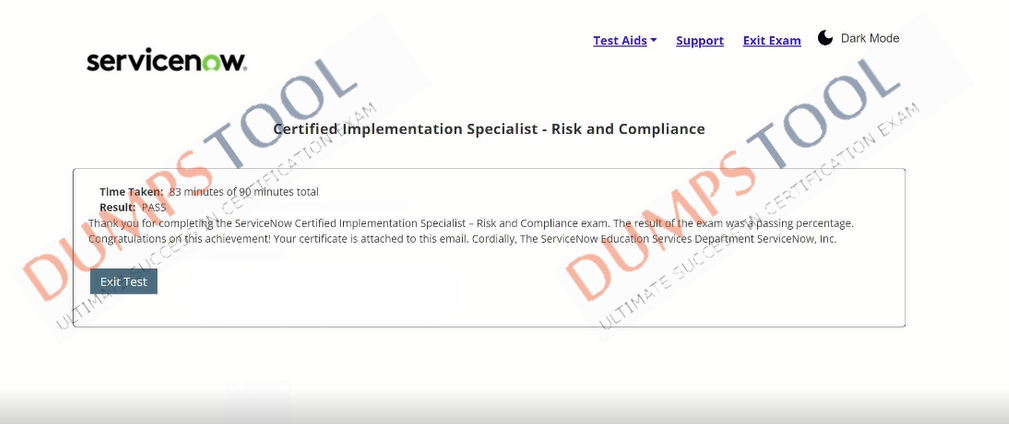 Verified passing score report for the ServiceNow CIS-RCI exam 1
