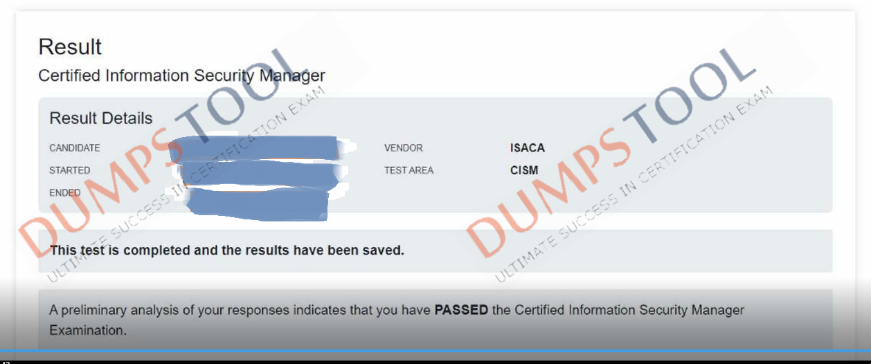 Verified passing score report for the Isaca CISM exam 1