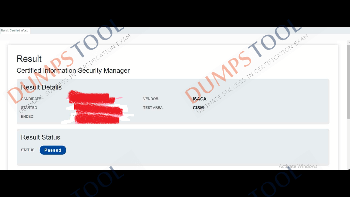 Verified passing score report for the Isaca CISM exam 2