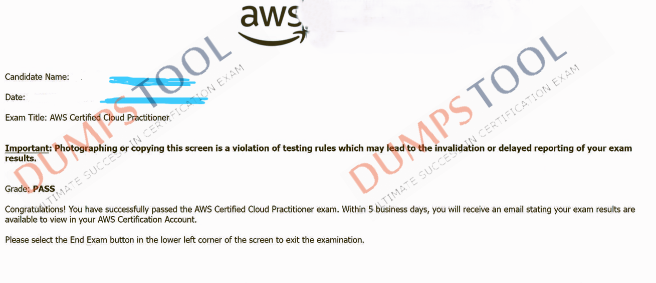 Verified passing score report for the Amazon Web Services CLF-C02 exam 2