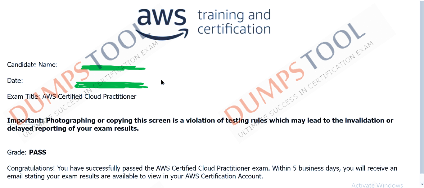 Verified passing score report for the Amazon Web Services CLF-C02 exam 3