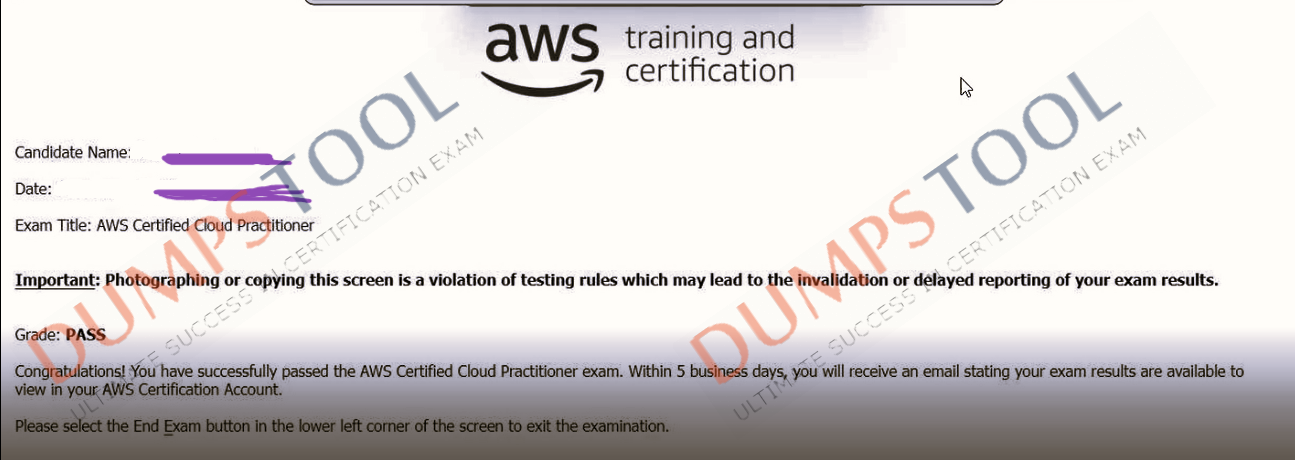 Verified passing score report for the Amazon Web Services CLF-C02 exam 1