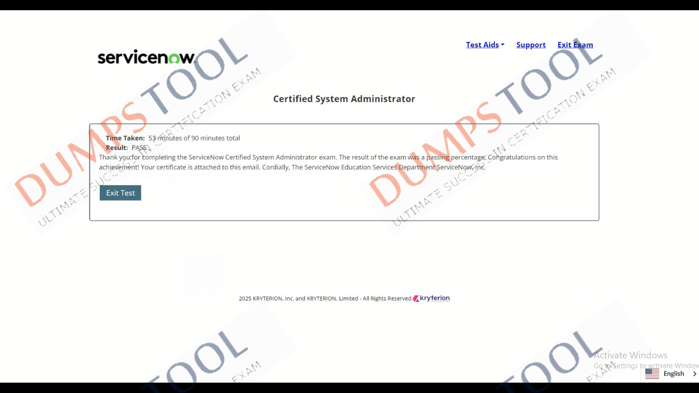 Verified passing score report for the ServiceNow CSA exam 2