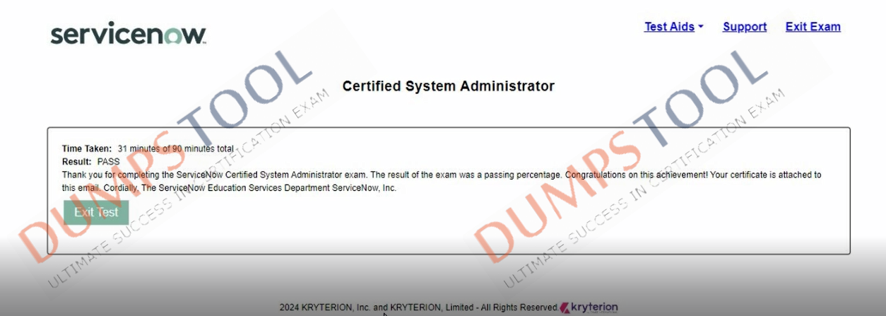 Verified passing score report for the ServiceNow CSA exam 1