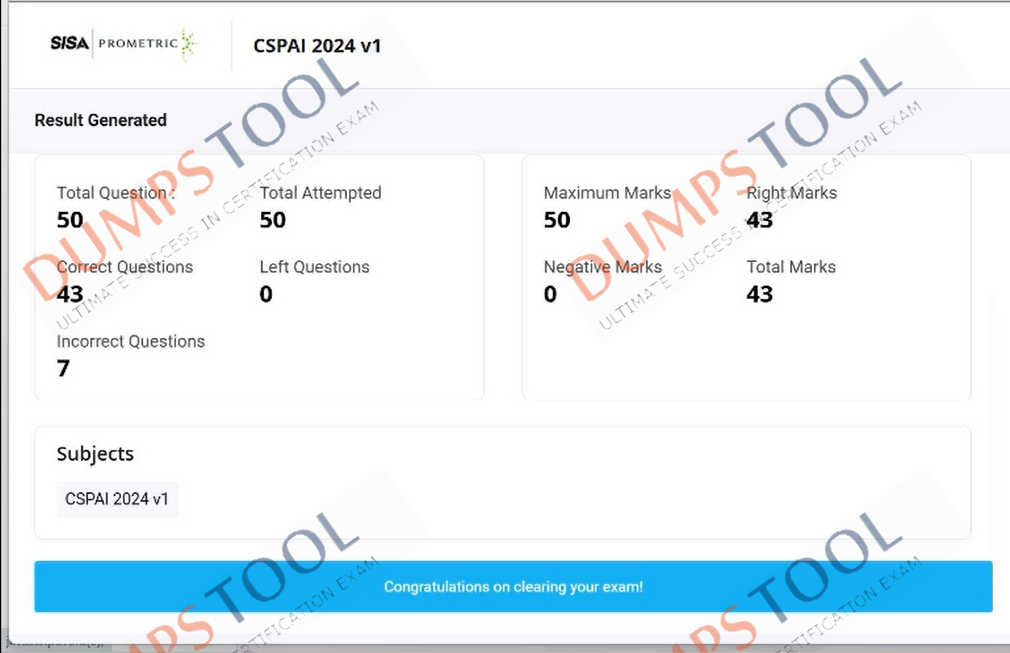 Verified passing score report for the SISA CSPAI exam 1