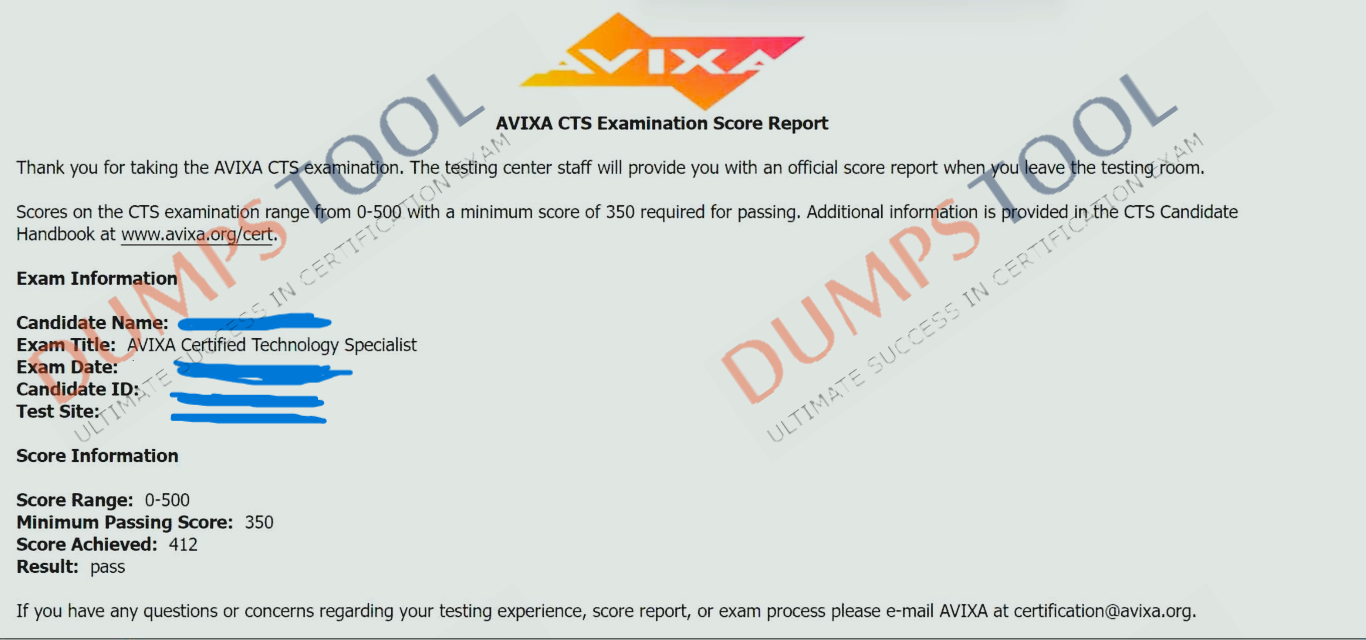 Verified passing score report for the AVIXA CTS exam 1