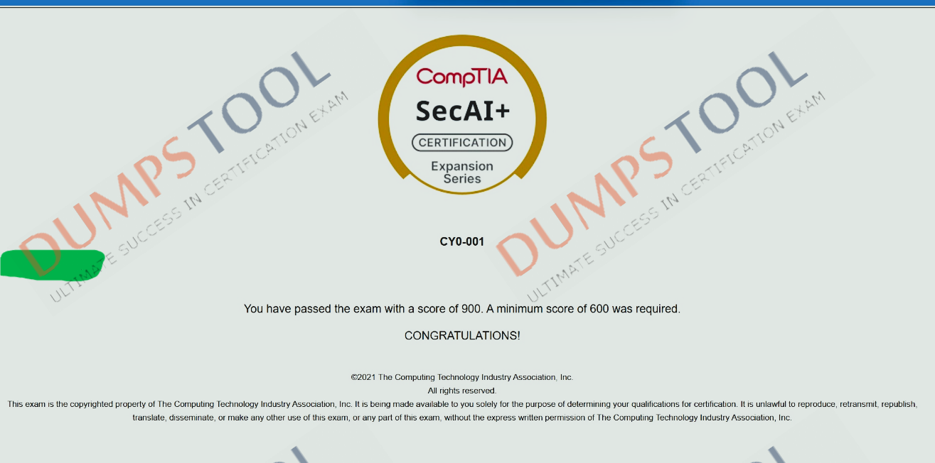 Verified passing score report for the CompTIA CY0-001 exam 1