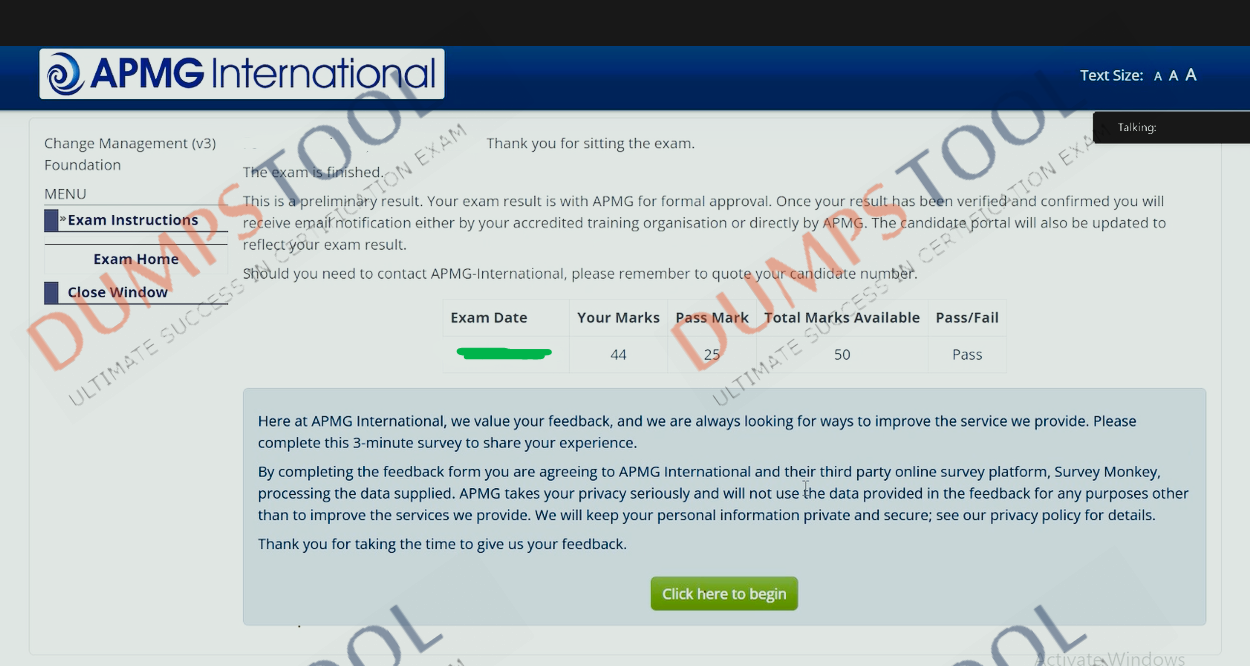 Verified passing score report for the APMG-International Change-Management-Foundation exam 1