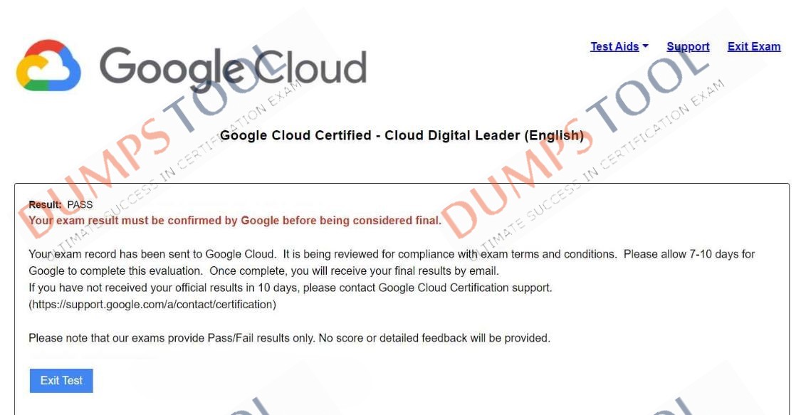 Verified passing score report for the Google Cloud-Digital-Leader exam 4