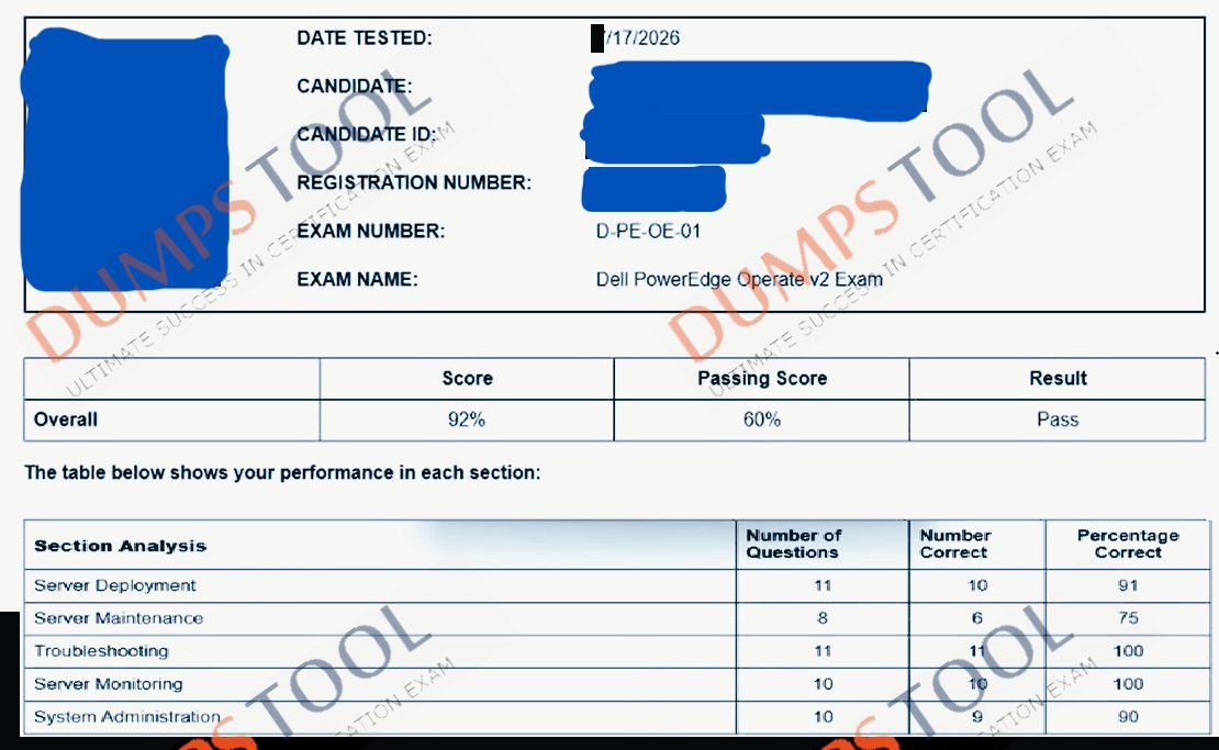 Verified passing score report for the DELL EMC D-PE-OE-01 exam 1