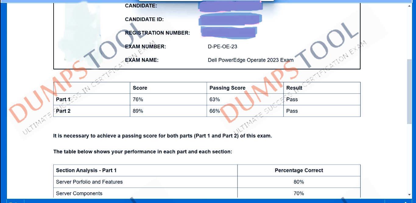 Verified passing score report for the DELL EMC D-PE-OE-23 exam 1