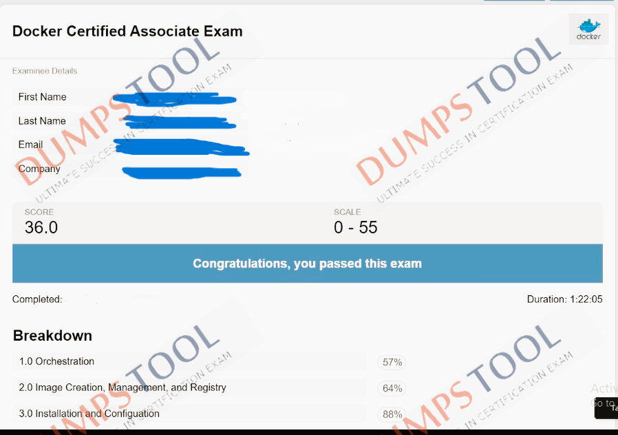 Verified passing score report for the Docker DCA exam 1