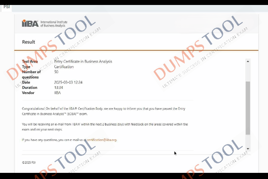 Verified passing score report for the IIBA ECBA exam 1